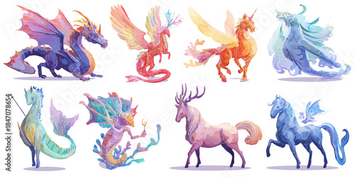 Fantasy mythical creatures: dragons, pegasus, unicorns, and griffins