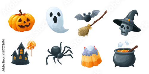 Whimsical halloween icons featuring pumpkins, ghosts, witches, and treats