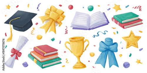 Celebratory academic achievements with graduation cap, books, trophy, and stars