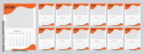 Modern 2026 wall calendar template set with orange abstract design