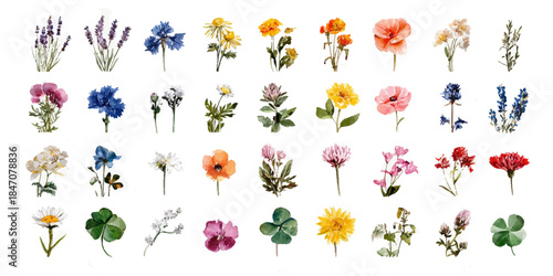 variety of flowers and leaves