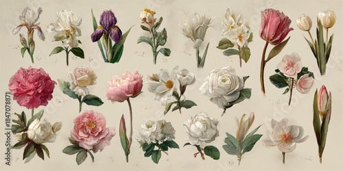 An exquisite collection of vintage botanical illustrations showcasing a variety of elegant spring and summer flowers