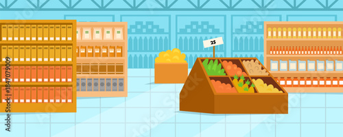 Grocery store interior with various food items on shelves and a produce stand, flat style on light tiled background. Concept of shopping. Vector illustration