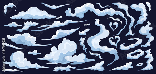 Set of stylized cartoon clouds in assorted shapes and forms with a dark background. Concept of sky elements. Vector illustration