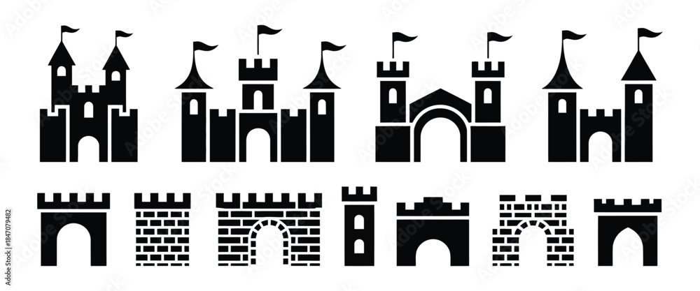 Obraz premium Medieval Castle Silhouette Icon Set with Towers, Gates, and Brick Wall Elements Vector Collection Isolated on White