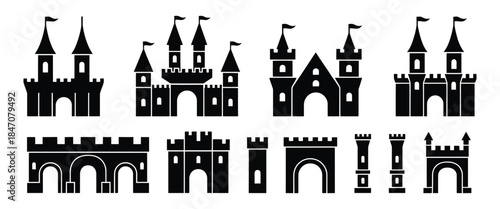 Medieval Castle Silhouette Icon Set with Towers, Gates, and Brick Wall Elements Vector Collection Isolated on White