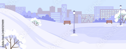 Snowy city park with benches, trees, lamps, and an ice rink in flat style on a light blue background. Concept of winter recreation. Vector illustration