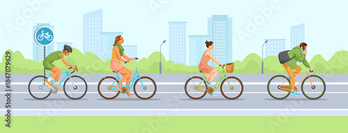People of different styles and ages cycling on a city road, flat cartoon style, with urban buildings and greenery in background. Concept of eco transport. Vector illustration