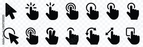 Hand pointer icon filled flat sign concept for web design. Click icon Concept. Click here button with hand pointer cursor icon. Cursor hand icon concept set. Computer mouse click cursor gray arrow ico