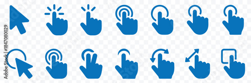 Hand pointer icon filled flat sign concept for web design. Click icon Concept. Click here button with hand pointer cursor icon. Cursor hand icon concept set. Computer mouse click cursor gray arrow ico