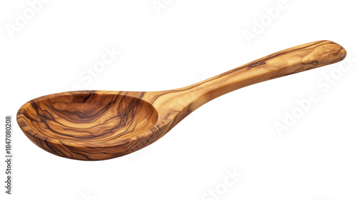 Handmade wooden spoon made from olive wood with beautiful grain pattern on transparent