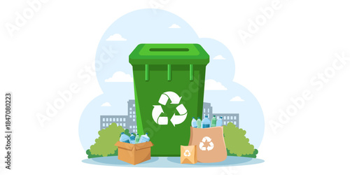 Green recycling bin with plastic bottles and paper bags, flat graphic style, urban park background, concept of waste sorting and sustainability. Vector illustration