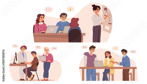 Office team members working together on laptops, discussing ideas and giving presentations in a flat design on white background. Business collaboration concept. Vector illustration