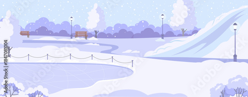 Peaceful snowy park scene with benches, trees, lampposts, and an ice rink on a light blue background. Concept of winter leisure. Vector illustration