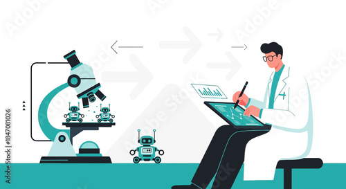 Future of healthcare innovation concept depicting a scientist analyzing robotics data and