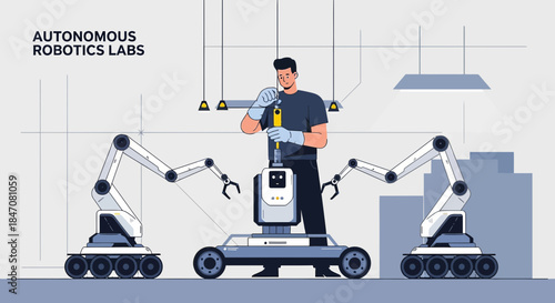 Future tech: Technician repairs robot with robotic arms in automated engineering laboratory