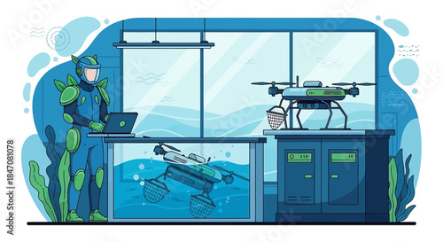 Futuristic aquatic drone maintenance engineer at work underwater drone servicing station