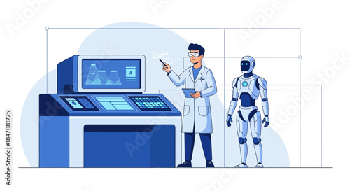 Futuristic collaboration scientist and robot working together on research project
