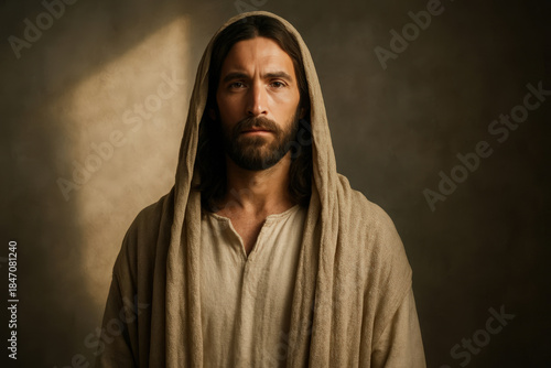 A dramatic portrait of Jesus Christ looking at the camera. Man with a beard in a hooded robe against a dark background. Symbol of faith, hope, and Christianity