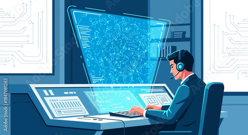 Futuristic Control Center Operator Overseeing Complex Data Visualizations System Display