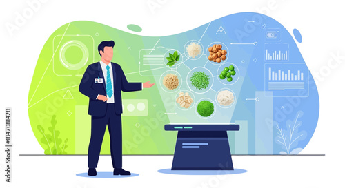 Futuristic food presentation innovative analysis modern nutritional information interface
