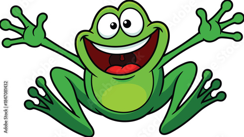 Cartoon green frog jumping with happy face, wide eyes, red tongue, playful animal pose - flat vector illustration