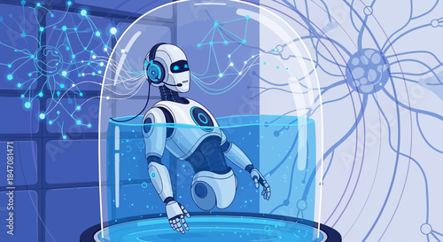 Futuristic illustration of a robot inside a water filled tank with brain connections