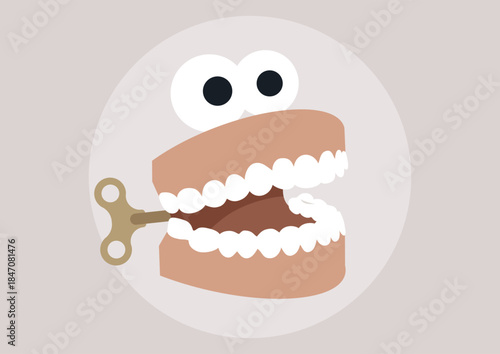 A funny mechanical jaw springs to life, showcasing its playful smile and intricate design, The clockwork piece invites smiles and sparks curiosity in a colorful world
