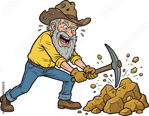 Cartoon prospector mining gold with pickaxe, bearded miner in cowboy outfit striking golden rocks - flat vector illustration