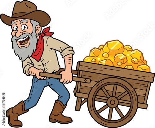 Cartoon prospector pushing wheelbarrow of gold nuggets, cheerful miner character in cowboy outfit - flat vector illustration
