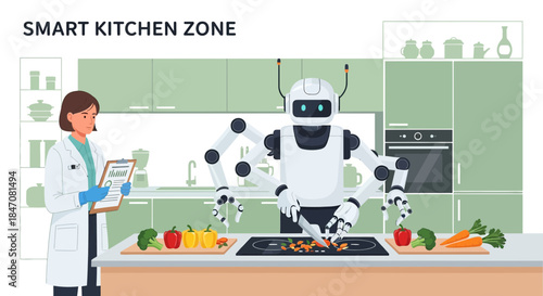 Futuristic kitchen scene featuring a humanoid robot preparing food under supervision