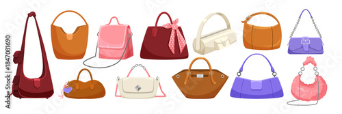 Collection of various stylish women handbags in a colorful modern cartoon style on a clean white background. Concept of fashion accessories. Vector illustration