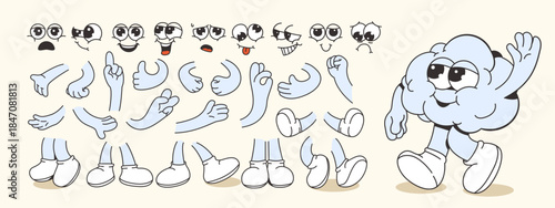 Cartoon brain mascot with interchangeable facial expressions, arms, and legs on light background. Concept of creativity and emotions. Vector illustration