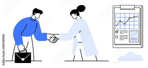 Business partnerships, teamwork, finance, collaboration, corporate success, deal-making. Two individuals shaking hands and a clipboard with a financial chart. Business partnerships and teamwork