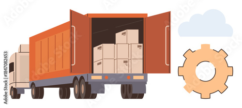 Delivery truck loaded with boxes highlights supply chain, transportation, cargo delivery, e-commerce, storage, logistics, and distribution. Ideal for shipping processes in simple flat metaphor
