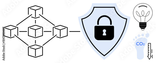 Blockchain technology, environmental sustainability, data security, energy efficiency, carbon footprint reduction, innovation. Networked cubes, lock shield eco symbols. Blockchain and sustainability