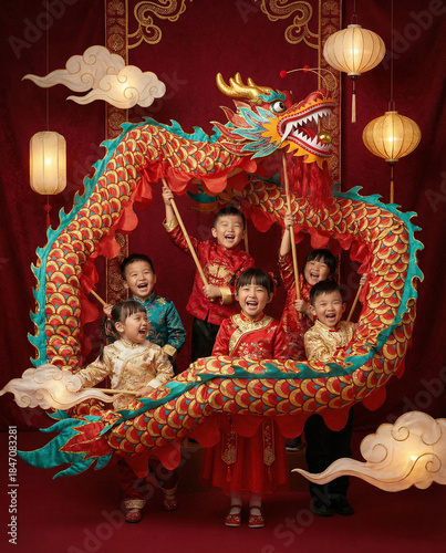 Asian New Year Celebration with Colorful Dragon Costume