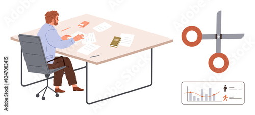 Businessman reviewing documents at a desk, scissors symbolizing budget cuts, performance chart for workforce analysis. Ideal for business strategy, cost-cutting, workforce management, financial
