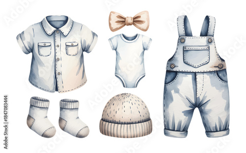 Watercolor baby clothing set with soft pastel outfits for newborn and infant wear.