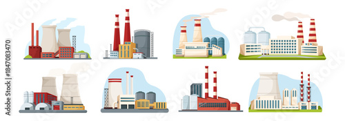 Collection of industrial factory buildings with chimneys and towers in flat style on white background. Concept of power and manufacturing plants. Vector illustration