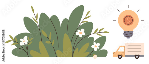 Green foliage with white flowers, glowing light bulb with a coin, and delivery truck. Ideal for sustainability, innovation, ecology, e-commerce, nature eco-transport green business. Simple flat