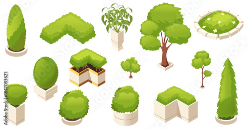 Set of various isometric trees, bushes, and shrubs in planters on white background. Concept for landscape design and urban planning. Vector illustration