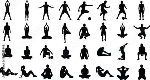 Large collection of black and white vector silhouettes showing various fitness, yoga, exercise, and sports poses for diverse health, workout, and active lifestyle graphic design concepts.