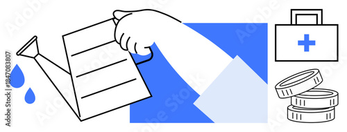 Financial growth, health insurance, wellness, medical investment, wealth management, savings. A hand watering with a watering can, medical bag and stacked coins. Financial growth and health