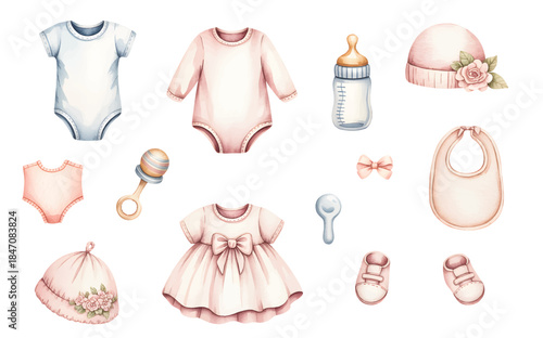 Hand painted baby girl clothing set with soft pastel dresses and newborn outfits.