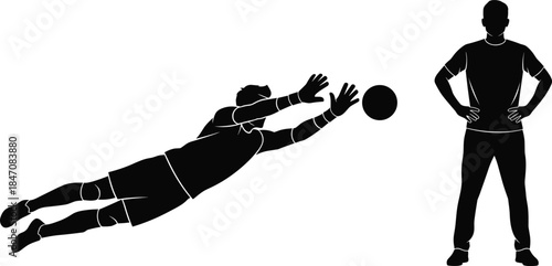 Professional goalkeeper diving silhouette making a save against a soccer ball, alongside a standing player, illustrating competitive football action, training