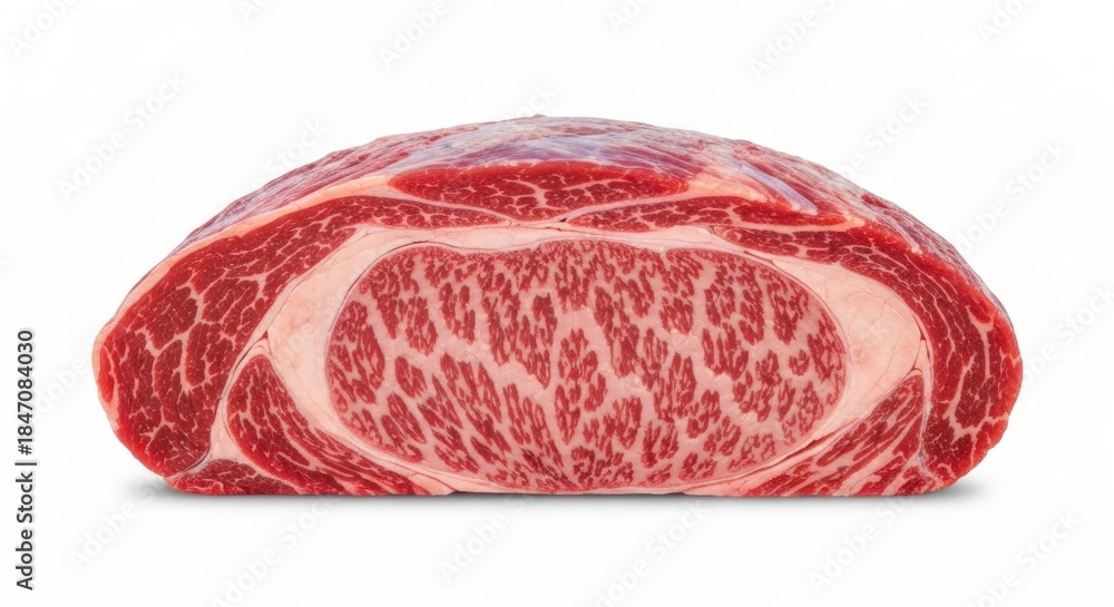 Fototapeta premium Cross-section of marbled raw beef, a detailed macro of meat grain & fat