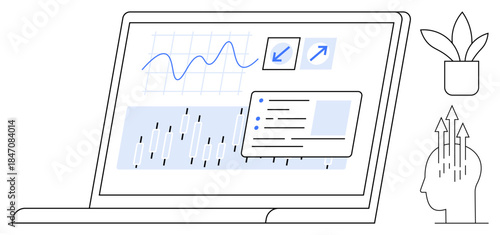 Data analytics concept. Data analytics through graphs, charts on a laptop screen, insights for growth. Data analytics supports business strategies, cognitive models, and innovation. Perfect