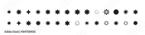 Collection of various black star and sparkle icons for abstract graphic design and modern decoration
