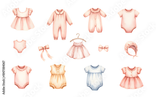 Hand painted baby girl clothing set with soft pastel dresses and newborn outfits.